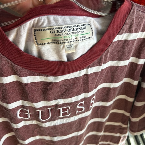 Vintage Guess LA burgundy and white Striped T-shirt - Picture 7 of 16